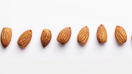 A collection of whole brown almond nuts arranged in a row set against a white backdrop