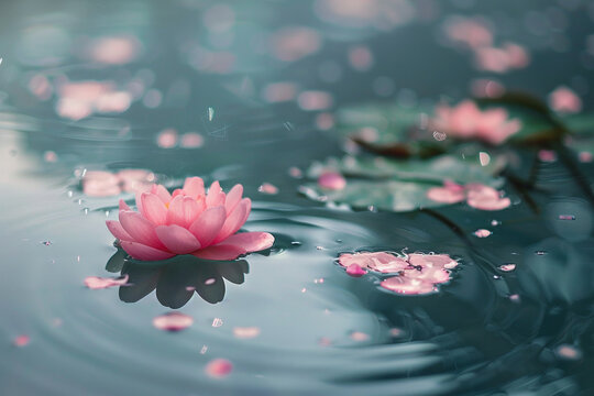 A delicate pink flower petals gently float on a tranquil pond.