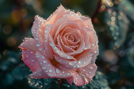 A delicate pink rose with dewdrops on its petals.