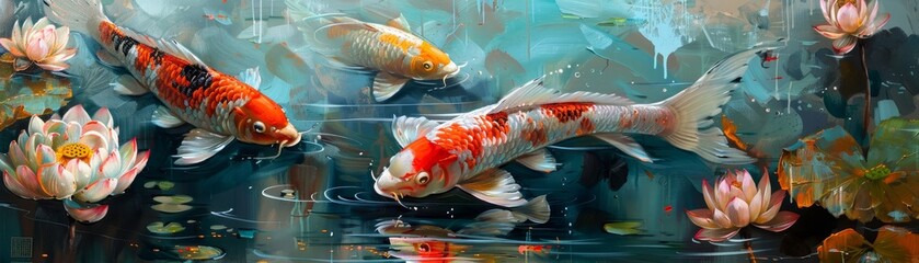 Wall Mural - A painting of vibrant koi fish moving gracefully in a pond 