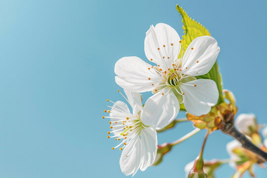 A delicate white cherry blossom against a bright blue sky.