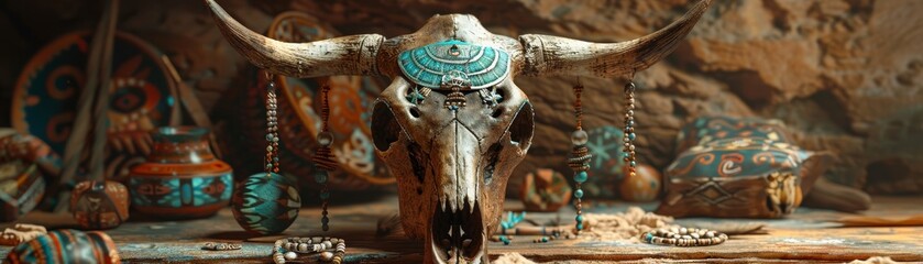 A mystical bovine skull adorned with tribal designs 