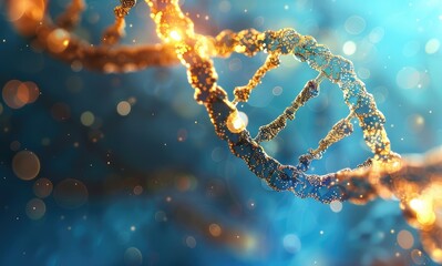 Wall Mural - Abstract DNA double helix structure illuminated with golden light on blue background, closeup. Concept of human DNA and determination for new floors in medicine or biotechnology