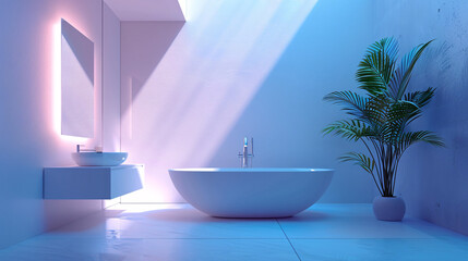 Poster - An AI-enhanced smart home bathroom with augmented reality displays managing water temperature and smart mirrors. The minimalist design uses a minimal color palette, offering ample copy space.