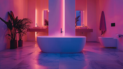 Poster - An AI-enhanced smart home bathroom with augmented reality displays managing water temperature and smart mirrors. The minimalist design uses a minimal color palette, offering ample copy space.
