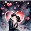 © palangsi - Love hearts floating around valentine illustration of romantic affectionate couple
