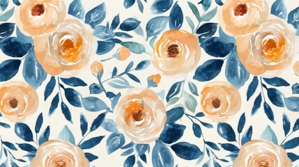 Wall Mural - A watercolor painting of flowers with a blue background. The painting has a serene and calming mood, with the flowers and blue background creating a sense of tranquility