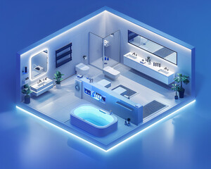 Poster - An isometric view of a smart home s bathroom, enhanced with AI and augmented reality features. The minimalist design showcases smart mirrors, automated water management systems, and intelligent