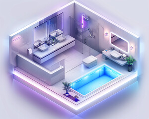 Poster - An isometric view of a smart home s bathroom, enhanced with AI and augmented reality features. The minimalist design showcases smart mirrors, automated water management systems, and intelligent