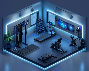 Poster - a cutting-edge smart home gym, presented in an isometric view with a minimal color palette. the ai-e
