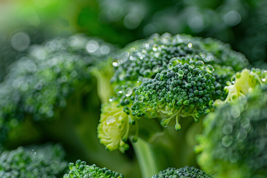 A dew-kissed broccoli floret bathed in soft morning light.