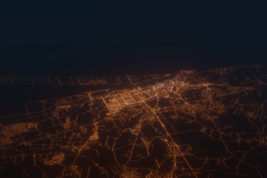 Aerial shot on Klaipeda (Lithuania) at night, view from east. Imitation of satellite view on modern city with street lights and glow effect. 3d render