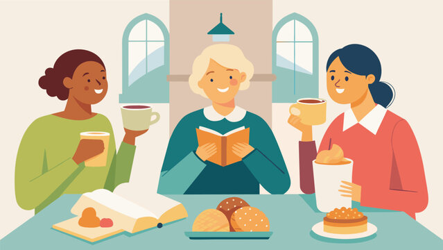 While sipping on lemonade and eating homemade scones the book club members at the church delve into the role of prayer and devotion in their latest. Vector illustration