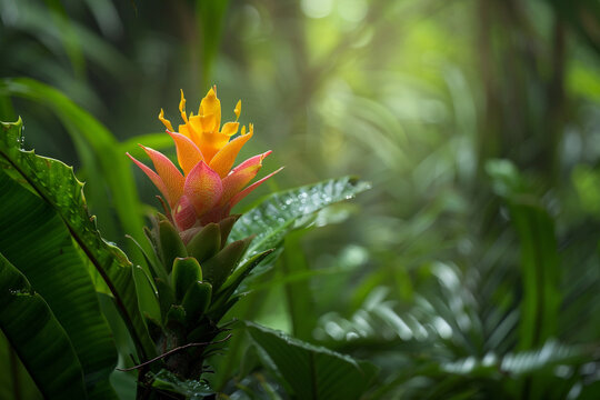A dragon flower blooming in a tropical rainforest, thriving in its lush environment.