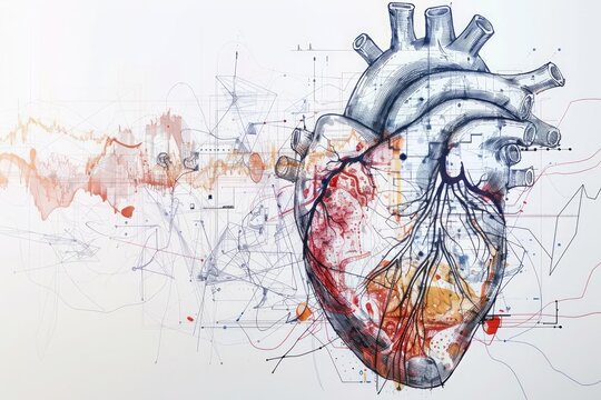 A sketch illustration of a human heart on a digital screen