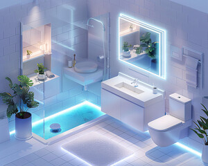 Poster - An isometric view of a smart home s bathroom, enhanced with AI and augmented reality features. The minimalist design showcases smart mirrors, automated water management systems, and intelligent