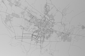 Map of the streets of Ashgabat (Turkmenistan) made with black lines on grey paper. Top view. 3d render, illustration
