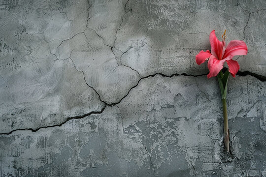 A dragon flower emerging from a crack in a concrete wall, symbolizing beauty breaking through boundaries.