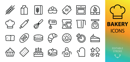Poster - Bakery isolated icons set. Set of bread, loaf, lavash, pie, cake, donut, croissant, cheesecake, pancakes, cupcake, oven, stove, mixer, baking tools, bakery ingredients, pita bread vector icon