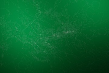 Wall Mural - Map of the streets of Sarajevo (Bosnia) made with white lines on abstract green background lit by two lights. Top view. 3d render, illustration