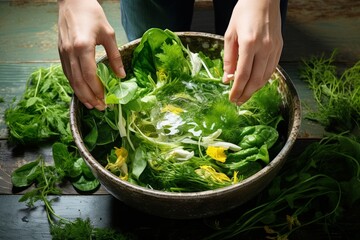 A person adding kelp to a salad bowl with various fresh greens