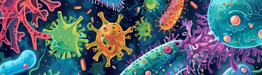 An illustration of cartoonish microscopic cells and bacteria with playful