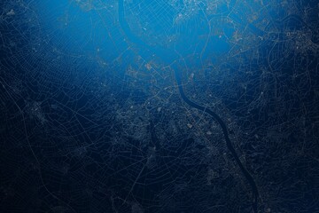 Wall Mural - Street map of Bonn (Germany) engraved on blue metal background. View with light coming from top. 3d render, illustration