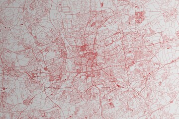 Poster - Map of the streets of Dortmund (Germany) made with red lines on white paper. 3d render, illustration