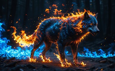 wolf with fiery flames emitting a brilliant glow around body