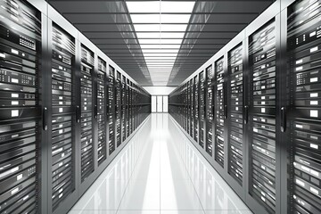Poster - Modern server room with rows of servers, symmetry, tech concept.