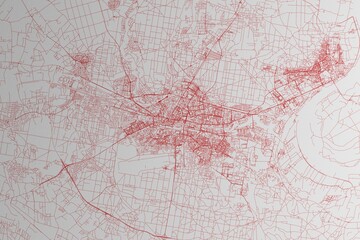 Poster - Map of the streets of Bydgoszcz (Poland) made with red lines on white paper. 3d render, illustration