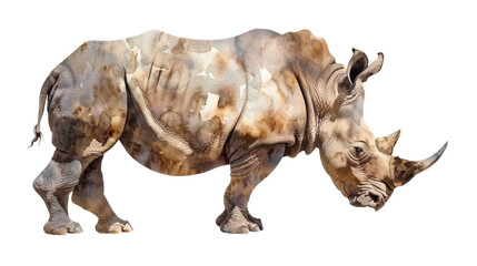 Rhino isolated on white background, old watercolor illustration on the Transparent Background, PNG Format