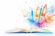© Sweettymojidesign - Watercolor clipart of an open book on a desk with softly colored pencils and crayons transforming into rockets The background is a white canvas with delicate pastel splashes