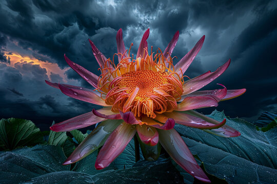 A dragon flower in full bloom, its vibrant colors contrasting with a dark stormy sky.