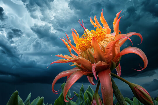 A dragon flower in full bloom, its vibrant colors contrasting with a dark stormy sky.
