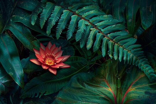 A dragon flower nestled among the leaves of a giant fern, creating a lush and tropical scene.