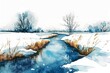 © Jeannaa - Watercolor painting of a serene winter landscape with a meandering stream surrounded by snow-covered banks and bare trees.