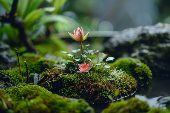 A dragon flower nestled in a bed of moss, creating a miniature enchanted garden.