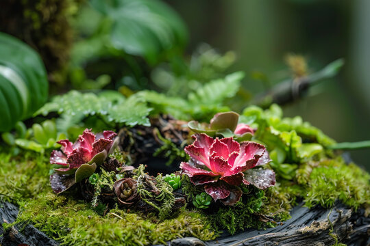A dragon flower nestled in a bed of moss, creating a miniature enchanted garden.