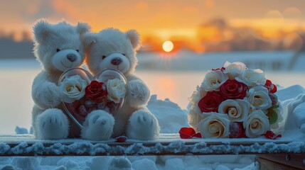 Wall Mural - A cozy scene where two white teddy bears sit on a snowy bench, clutching a glass heart filled with red and white roses, with a sunset softly glowing through a misty background.