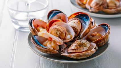 Canvas Print - A plate of a bowl filled with eatable clams and another full, AI