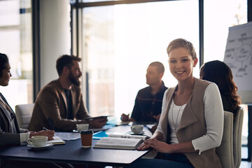 Poster - Business woman, portrait and boardroom with colleagues for corporate meeting, confidence or creative director. Employee, smile and conference room for project planning, brainstorming or teamwork