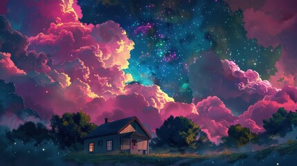 Sticker - A dreamy small house under a sky filled with vibrant magenta clouds and a scatter of colorful stars, creating a lively and enchanting night scene.