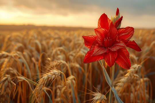 A dragon flower standing tall amidst a field of wheat, creating a striking contrast of colors.