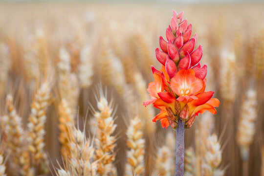 A dragon flower standing tall amidst a field of wheat, creating a striking contrast of colors.