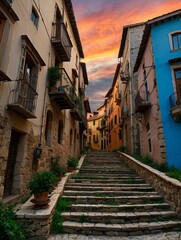 Wall Mural - A steep and narrow street with colorful buildings on both sides. AI.