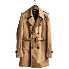 front view of a camel men's trench coat on a wooden hanger isolated on a white transparent backgroun