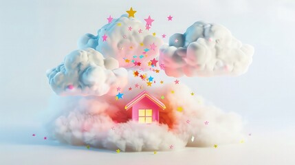 A magical house model topped with neon pink and bright white clouds, little colorful stars scattered above, isolated on a white background with two fluffy clouds for a dreamy effect.