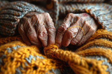 Closeup of an elderly persons hands knitting, showing wrinkles and age spots