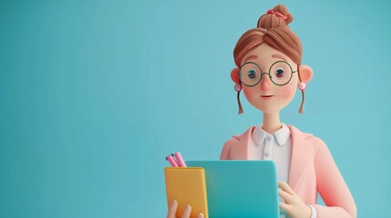 3D illustration of a young woman in glasses holding folders and pens, with a blue background. Concept of education and organization. 3D Illustration.